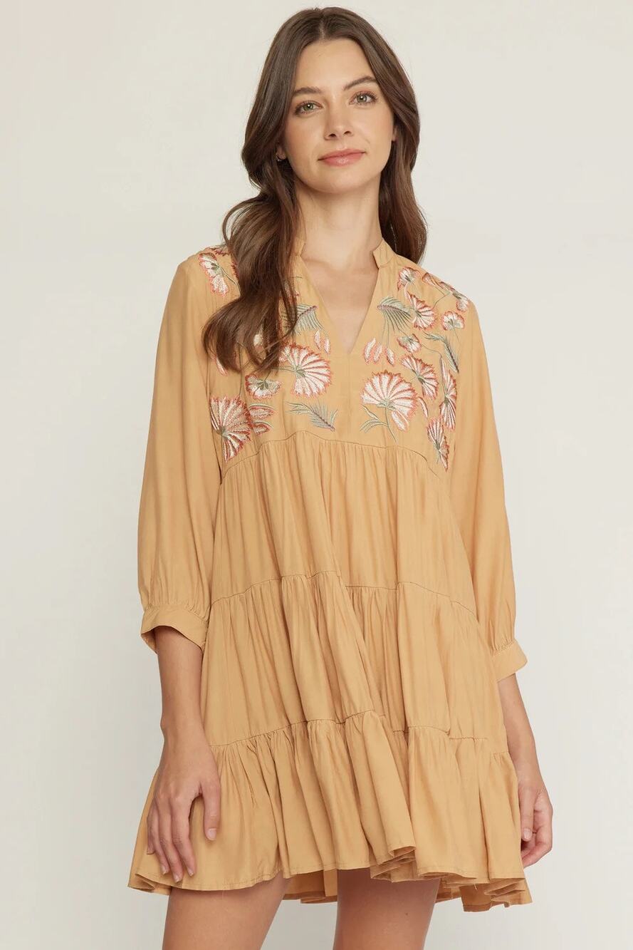 Entro Women’s Embroidered Tiered Babydoll Dress‎ Long Sleeves Orange Size L